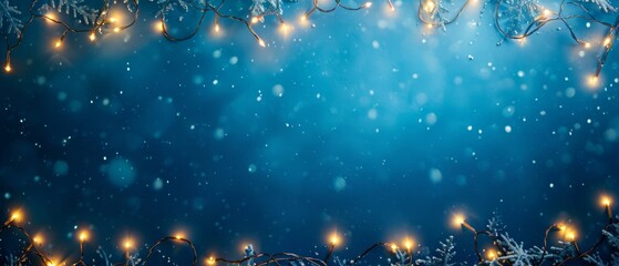 Elegant Christmas Garland Lights Bring A Subtle Holiday Glow On Blue Background. Сoncept Winter Wonderland Landscape, Cozy Cabin Retreat, Festive Holiday Decorations, Sparkling Snowflakes