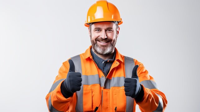 A closeup image of a craftsman smiling and holding a thumbs up sign in an orange protective uniform, isolated against a white wall.
