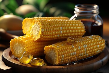 Vintage glass jar of corn oil with fresh corn on the cob on soft yellow background