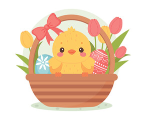 Easter Basket with chicken. A little chicken sits in a basket with Easter eggs and tulips. Graphics in flat vector style.