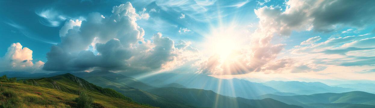 a scenic mountain view of the sky as a bright sun breaks the clouds