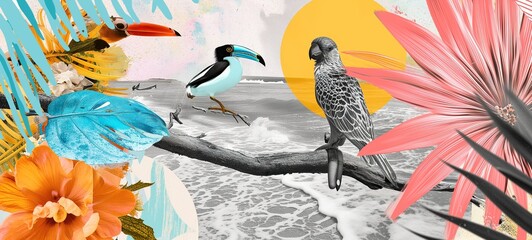 Playful vintage collage with exotic birds and vibrant hibiscus flowers, set against a tropical beach scene for a lively summer vibe.