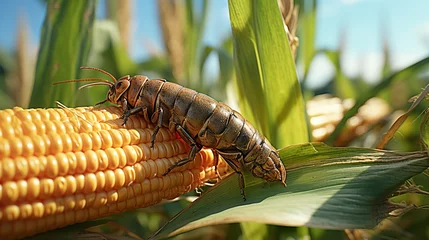 Fotobehang Fall armyworm on damaged corn with excrement. © MUCHIB