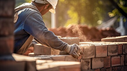 An industrial worker who works as a bricklayer is installing brick masonry on the exterior wall of a new house.