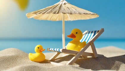 Fototapeta na wymiar Summer concept. Sun umbrella and duck in sun lounger on sea sand on blue background