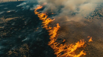 Aerial View of a Wildfire Spreading Through Dry Grasslands