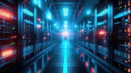 Futuristic Data Center Hallway with Blue and Orange Light Trails