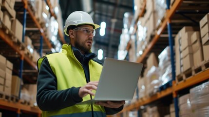 Warehouse Logistics: Worker in Hard Hat and Reflective Vest Using Laptop