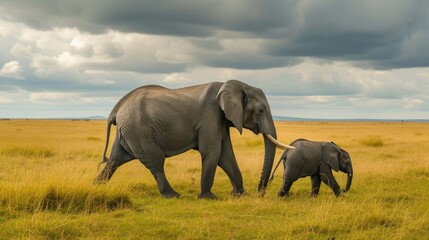 Fototapeta na wymiar Majestic African Elephants Walking in the Savannah Under Stormy Sky