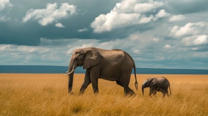 Majestic African Elephants Walking in the Savannah Under Stormy Sky