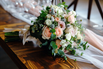 Wedding bouquet laying horizontal on a wooden table