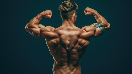 Strength Defined: Muscular Tattooed Man Flexing His Powerful Back Muscles