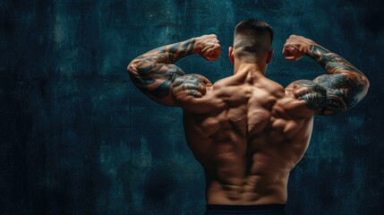 Fototapeta na wymiar Strength Defined: Muscular Tattooed Man Flexing His Powerful Back Muscles