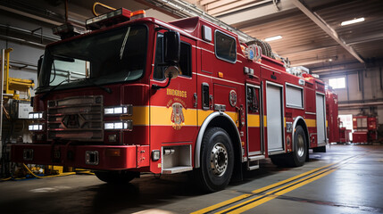 Fire station garage with red truck leaving box. Municipal city service, emergency department hangars car in firehouse illustration
