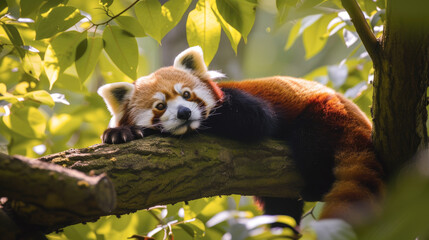 Adorable Red Panda Lounging on a Tree Branch in Lush Greenery