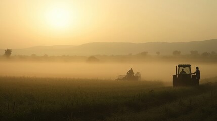Fototapeta premium Farmers Working with Tractor in Field at Sunset, Dust Filling the Air