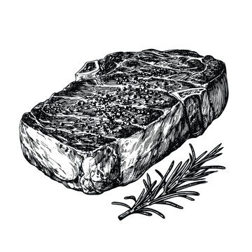 recommend clip art: hand drawn illustration of beef steak served with rosemary, black and white ink illustration isolated on white background, vector art