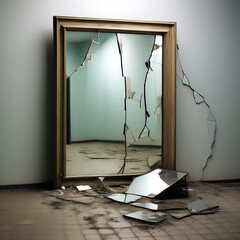 broken large mirror frame with old room with a wall