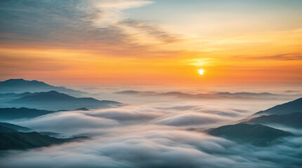 Fototapeta na wymiar Foggy morning panoramic view of the mountains. Beautiful realistic vector landscape