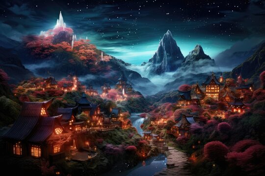 Midnight Glow, Mystical Village Among Crystal Trees