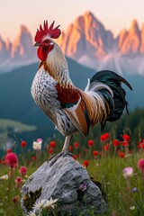 Realistic image portraying a cockerel and Swedish flower roster. Crowing, stands on a stone in the middle of the flowers with mountains in the background.