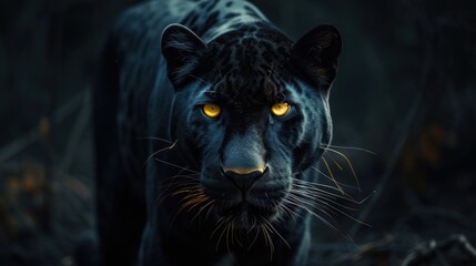 Majestic Black Panther with Intense Yellow Eyes in the Dark