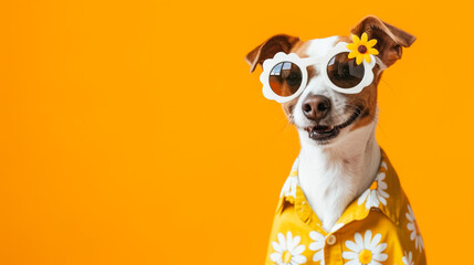 Stylish Dog Wearing Yellow Daisy Sunglasses and Shirt - obrazy, fototapety, plakaty