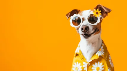 Foto op Aluminium Stylish Dog Wearing Yellow Daisy Sunglasses and Shirt © romanets_v