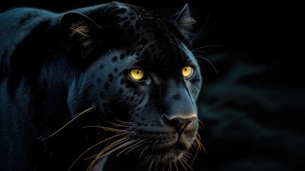 Majestic Black Panther with Intense Yellow Eyes in the Dark
