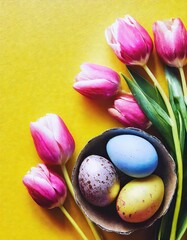 Obraz na płótnie Canvas easter eggs isolated on yellow background with pink tulip flowers