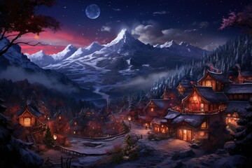 Starlit Village in the Mountain's Embrace