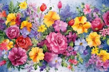 Beautiful spring flowers watercolor painting on canvas,  Spring blossom