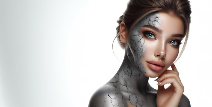 Beautiful young woman with cracked and dry skin like clay mud. Concept of skin care, cosmetics, dehydration, suffering, winter season, epidermis, vitamin deficiency. Banner image on white background.
