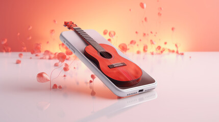 a guitar is depicted on a mobile phone screen and sounds are heard
