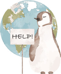 Penguin with a help sign and planet Earth illustration. Global warming concept. Climate change concept illustration.  - 719303104