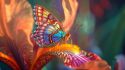 A close-up view of an iridescent butterfly perched on a vibrant iris, showcasing the intricate patterns on its wings. 8K.