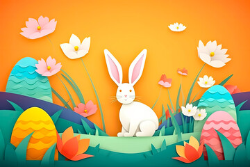 Illustration of Easter bunny, grass, flowers. Paper art style