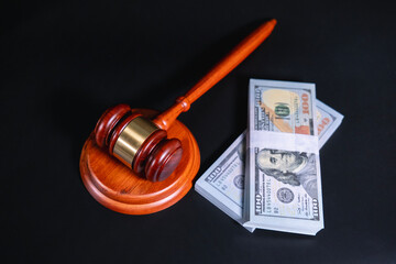 Gavel or mallet of the judge with money. A wooden hammer is used by judges in the court. Law,...