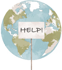 Planet Earth with help sign hand drawn illustration. Climate change concept. Global warming art. - 719303790