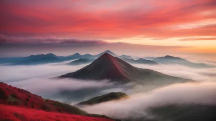 Fotobehang Foggy morning panoramic view of the mountains. Beautiful realistic vector landscape © UN