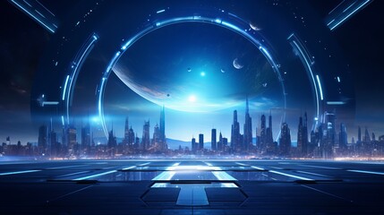 A room that is empty, dark, and has a 3d illustration of a modern futuristic sci-fi background.