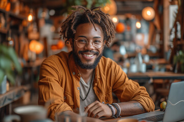 Obraz premium Man working on laptop, freelancer at table, man with glasses smiling and sitting sideways