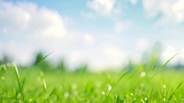 green grass on blue clear sky spring blurred background