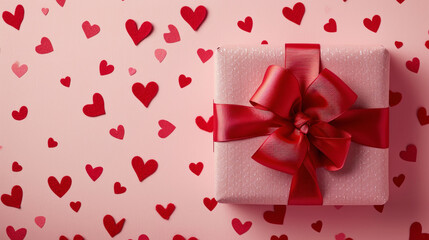 Top view of aesthetic gift in craft box with ribbon. Pink hearts confetti background. Greeting concept. Generative AI