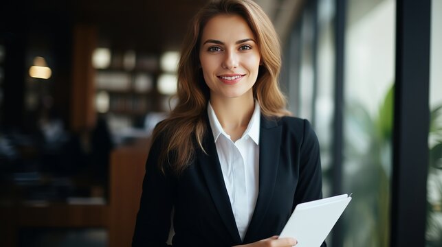 An image of a cheerful businesswoman in an office holding the handle while writing in a notebook.
