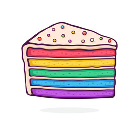 Rainbow Cake Piece with Glaze Cream and Colored Sugar Dragees. Dessert Food. Vector Illustration. Hand Drawn Cartoon Clip Art With Outline. Graphic Element for Design. Isolated on White Background
