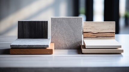 Selecting materials for an interior design project involves sampling wood materials on a concrete table.