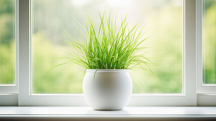 there is a pot with seedlings of young grass on the window in the roo
