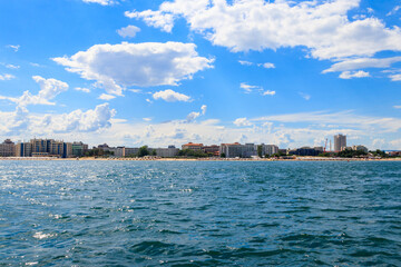Fototapeta premium View of the Black sea and Sunny Beach resort in Bulgaria. View from a sea