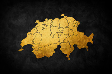 Switzerland gold stone map on black background gold glitter. © Philip